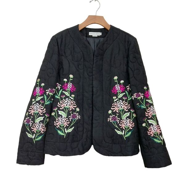Garfield & Marks Madeline Open Jacket Womens 10 Black Quilted Floral Embroidery - Picture 1 of 12